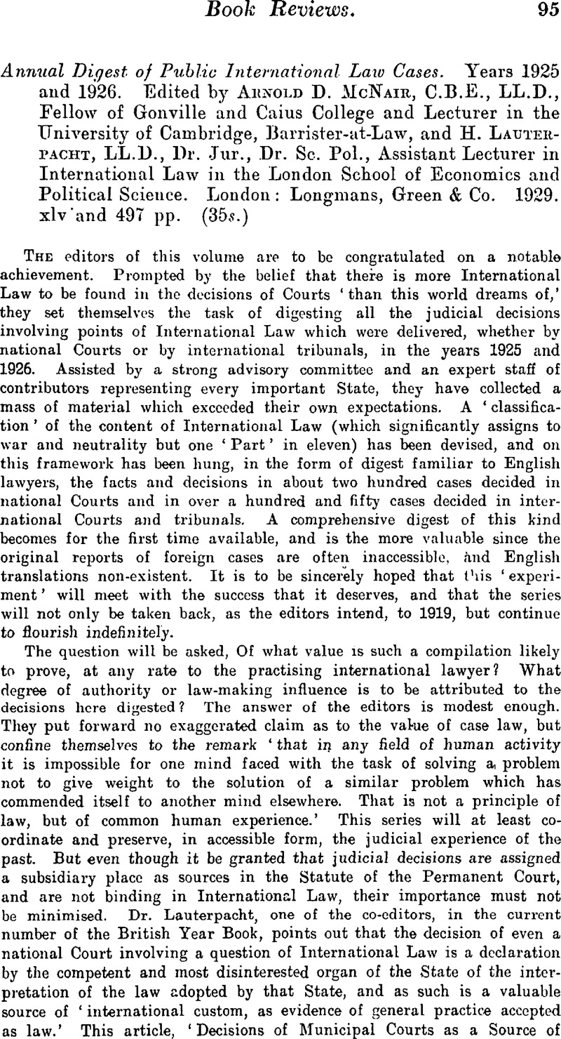 Annual Digest Of Public International Law Cases Years 1925 And 1926