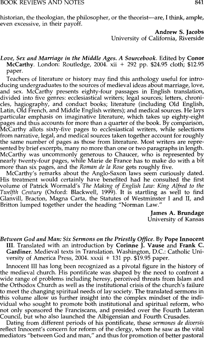 Love Sex And Marriage In The Middle Ages A Sourcebook Edited By