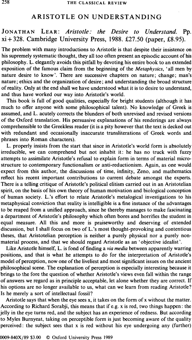 Aristotle On Understanding Jonathan Lear Aristotle The Desire To