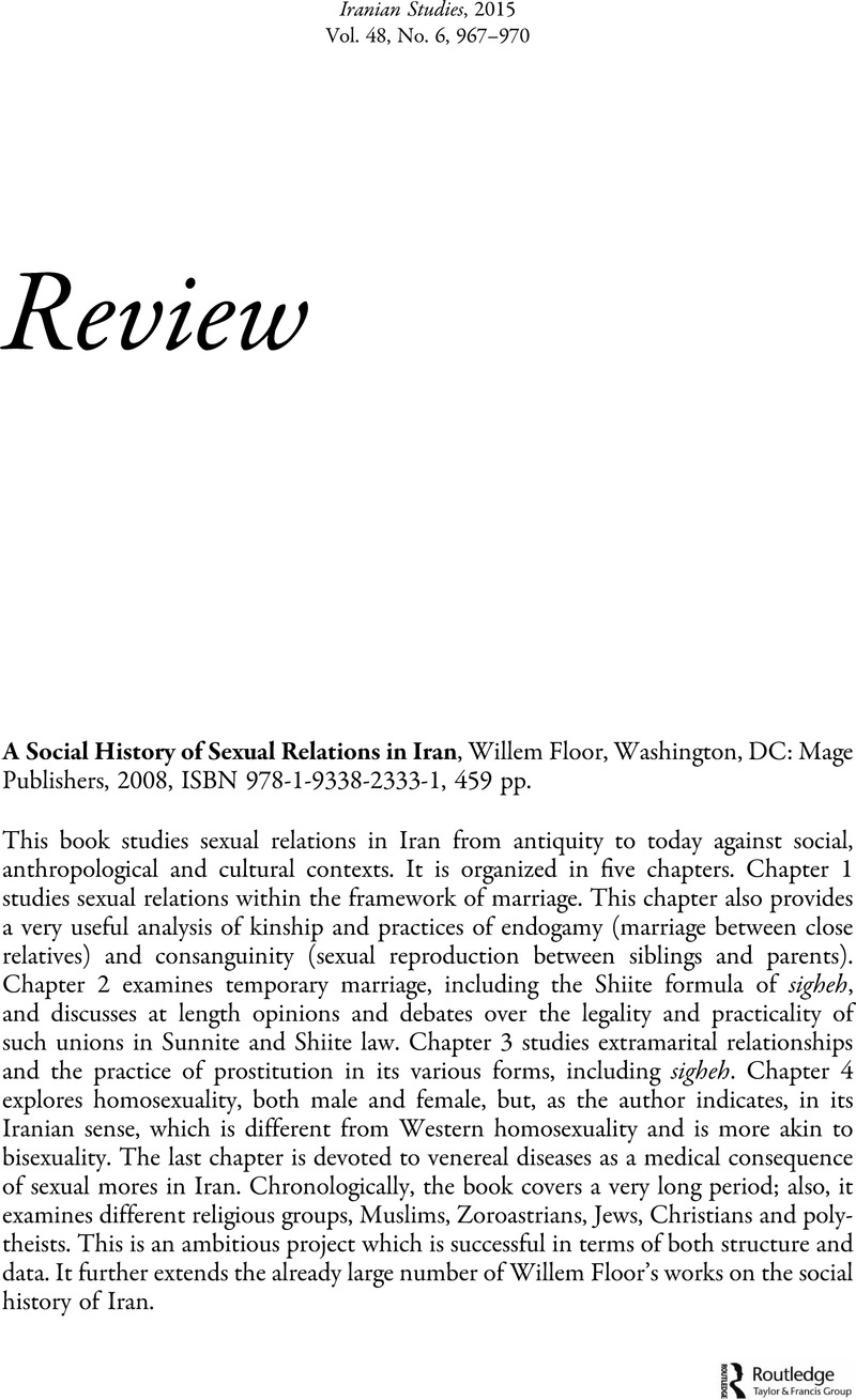 A Social History Of Sexual Relations In Iran Willem Floor Washington