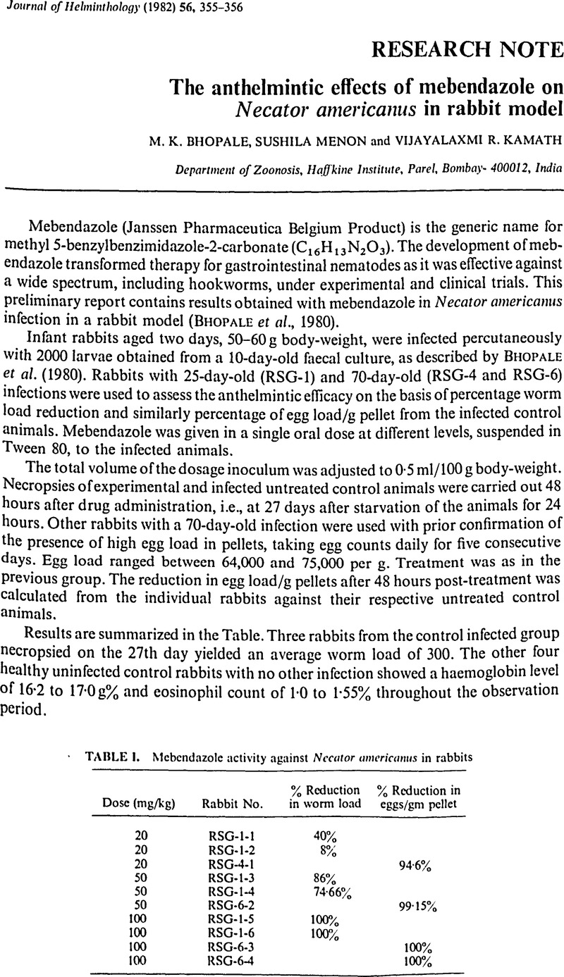 The Anthelmintic Effects Of Mebendazole On Necator Americanus In Rabbit