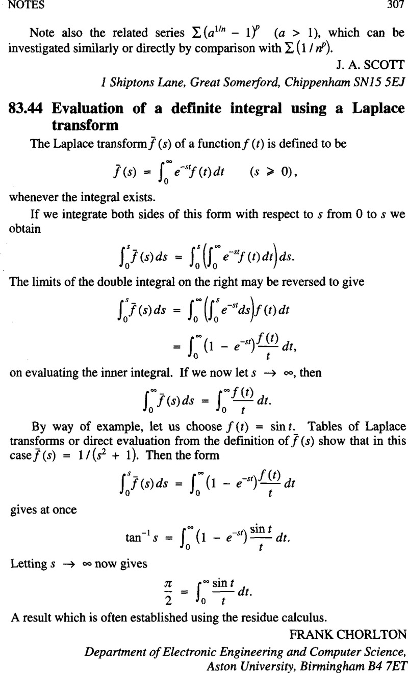 Evaluation Of A Definite Integral Using A Laplace Transform The