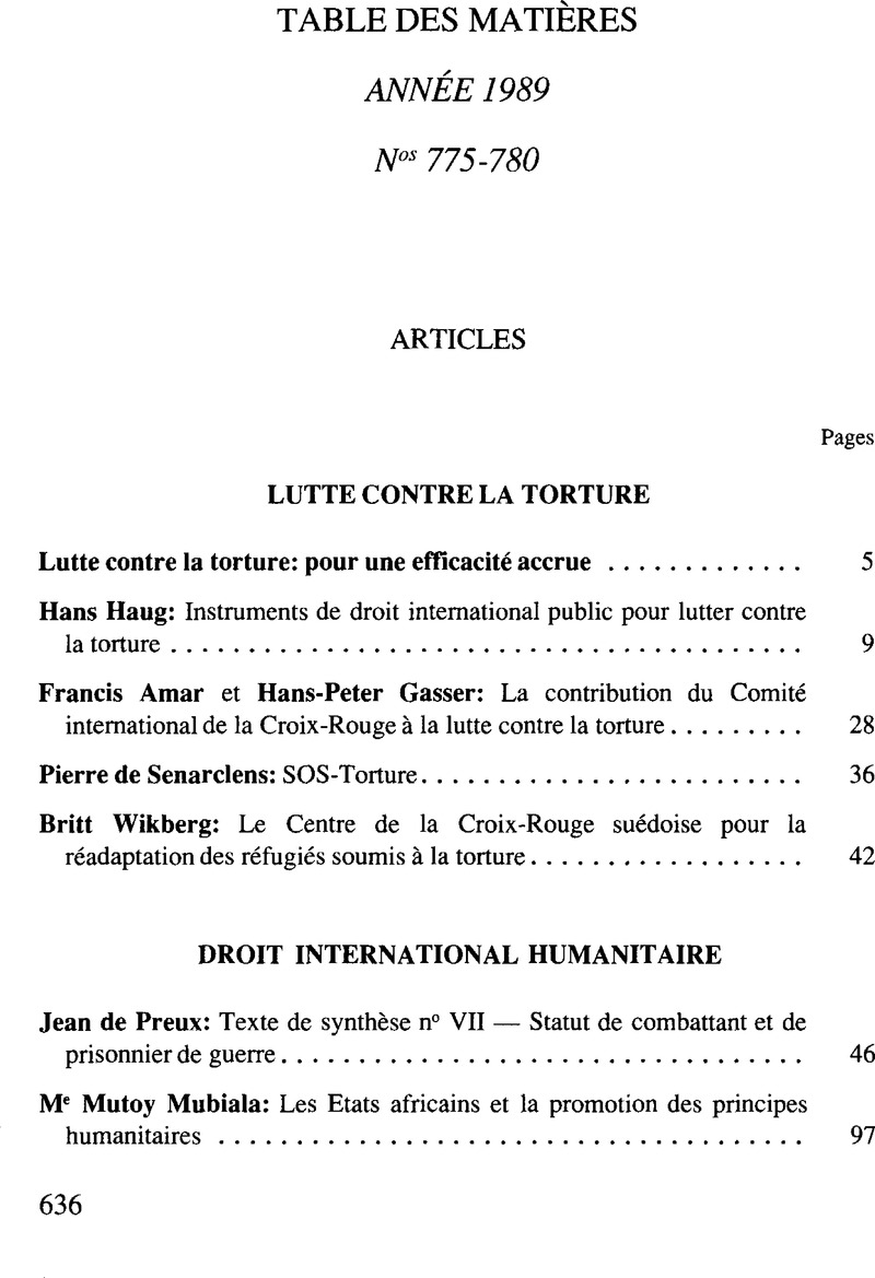 Table des matières année 1989 International Review of the Red Cross