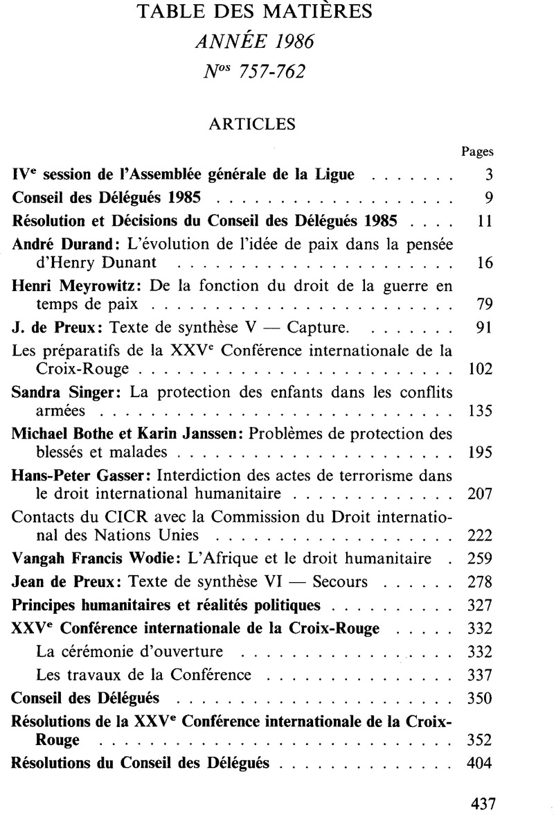 Table des matières Année 1986 International Review of the Red Cross