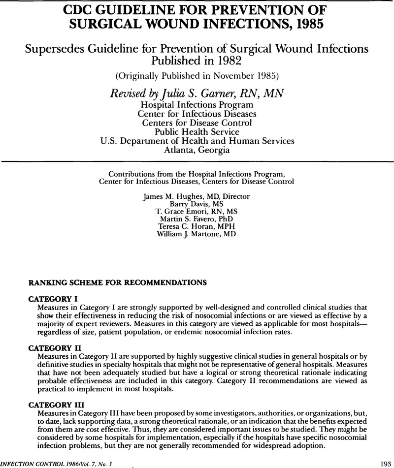 CDC Guideline For Prevention Of Surgical Wound Infections 1985