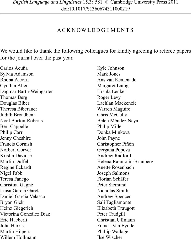 Acknowledgements English Language Linguistics Cambridge Core