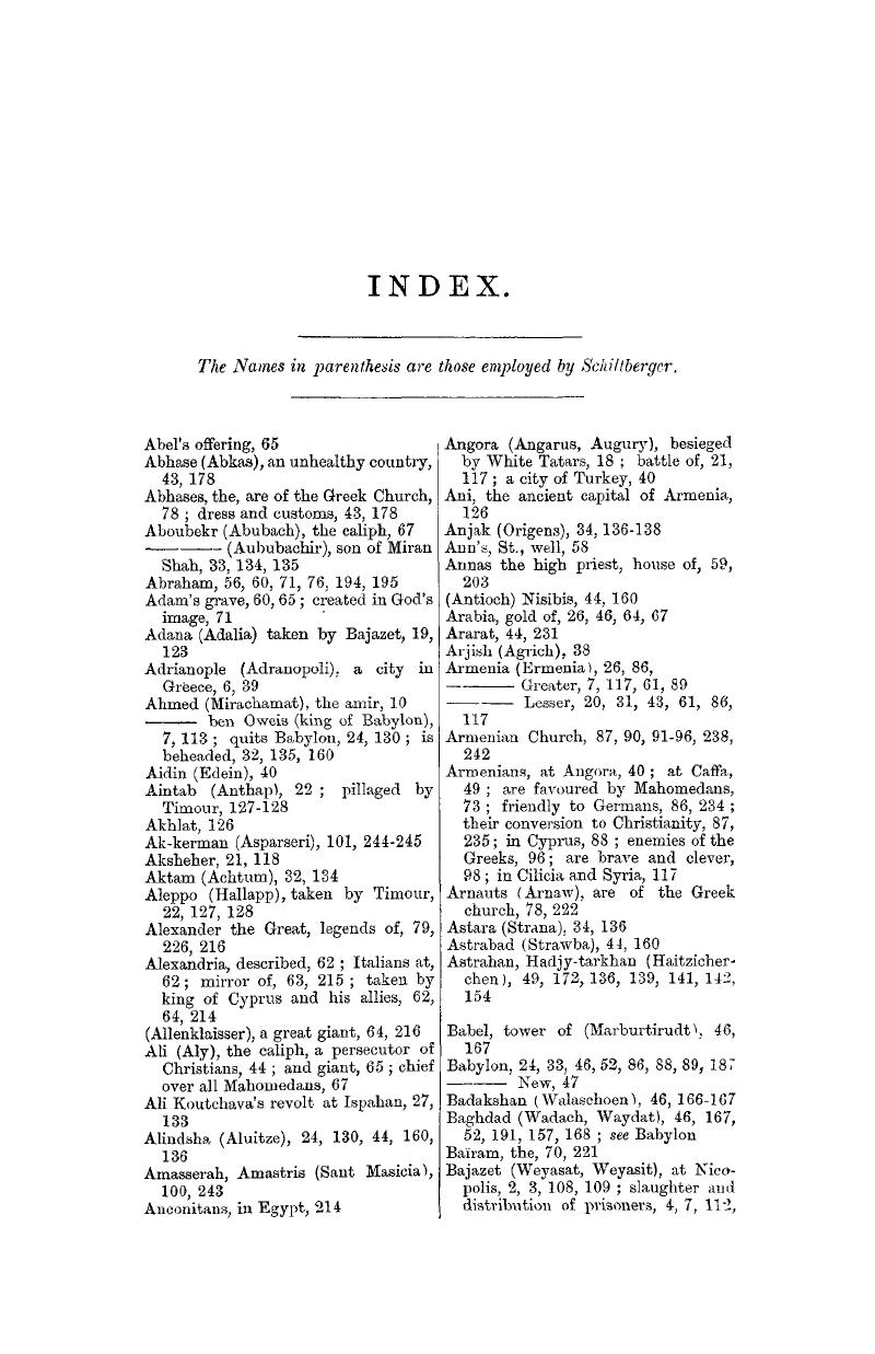 INDEX Bondage And Travels Of Johann Schiltberger