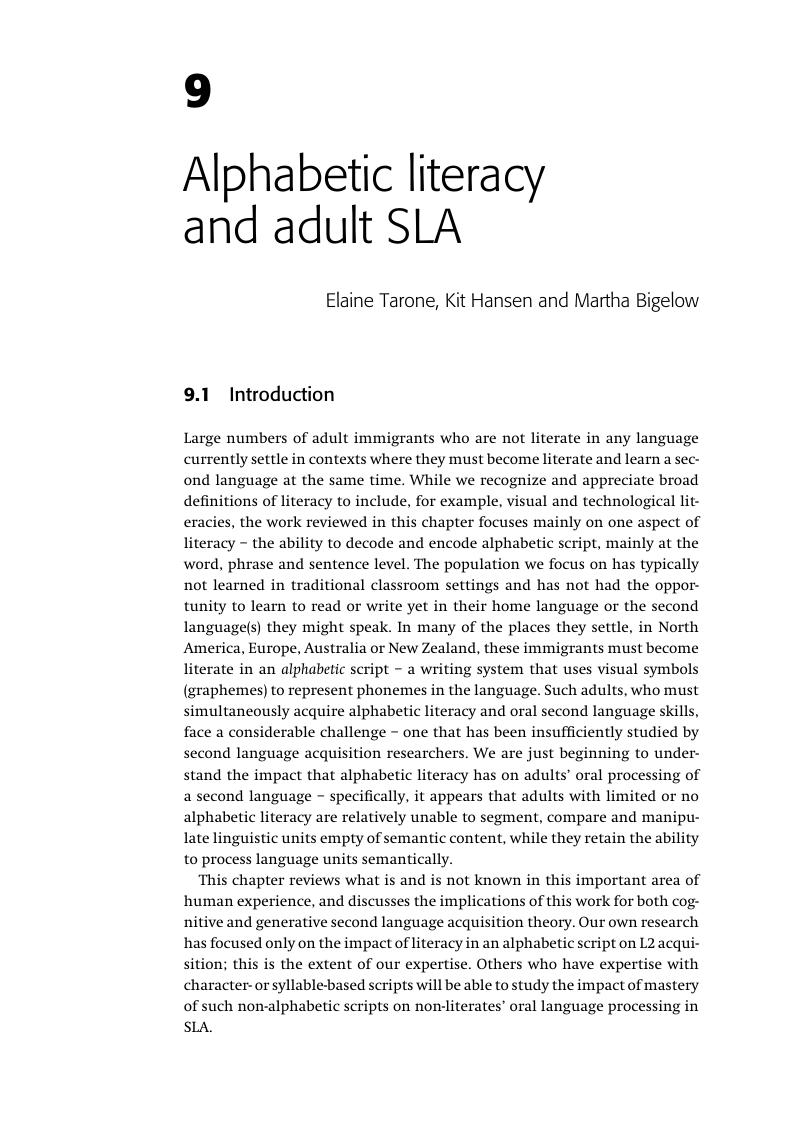 Alphabetic Literacy And Adult SLA Chapter 9 The Cambridge Handbook