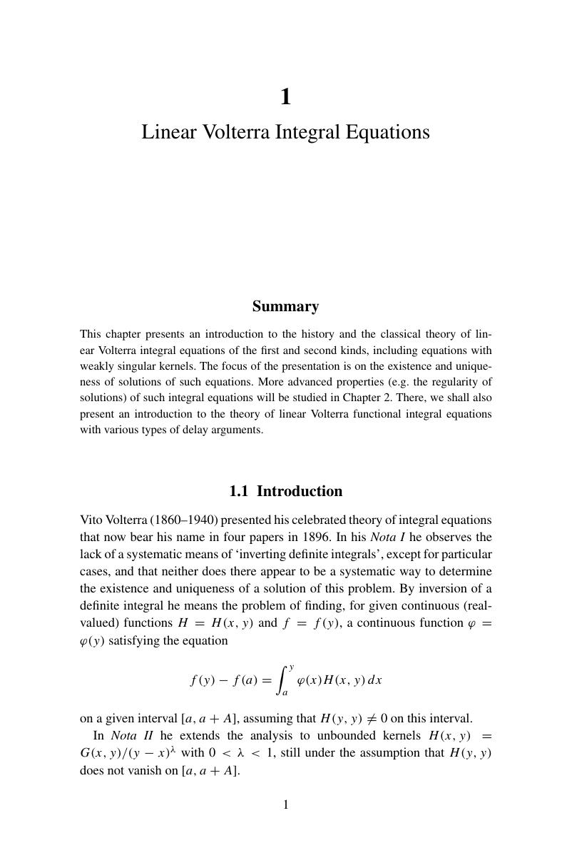 Linear Volterra Integral Equations Chapter 1 Volterra Integral