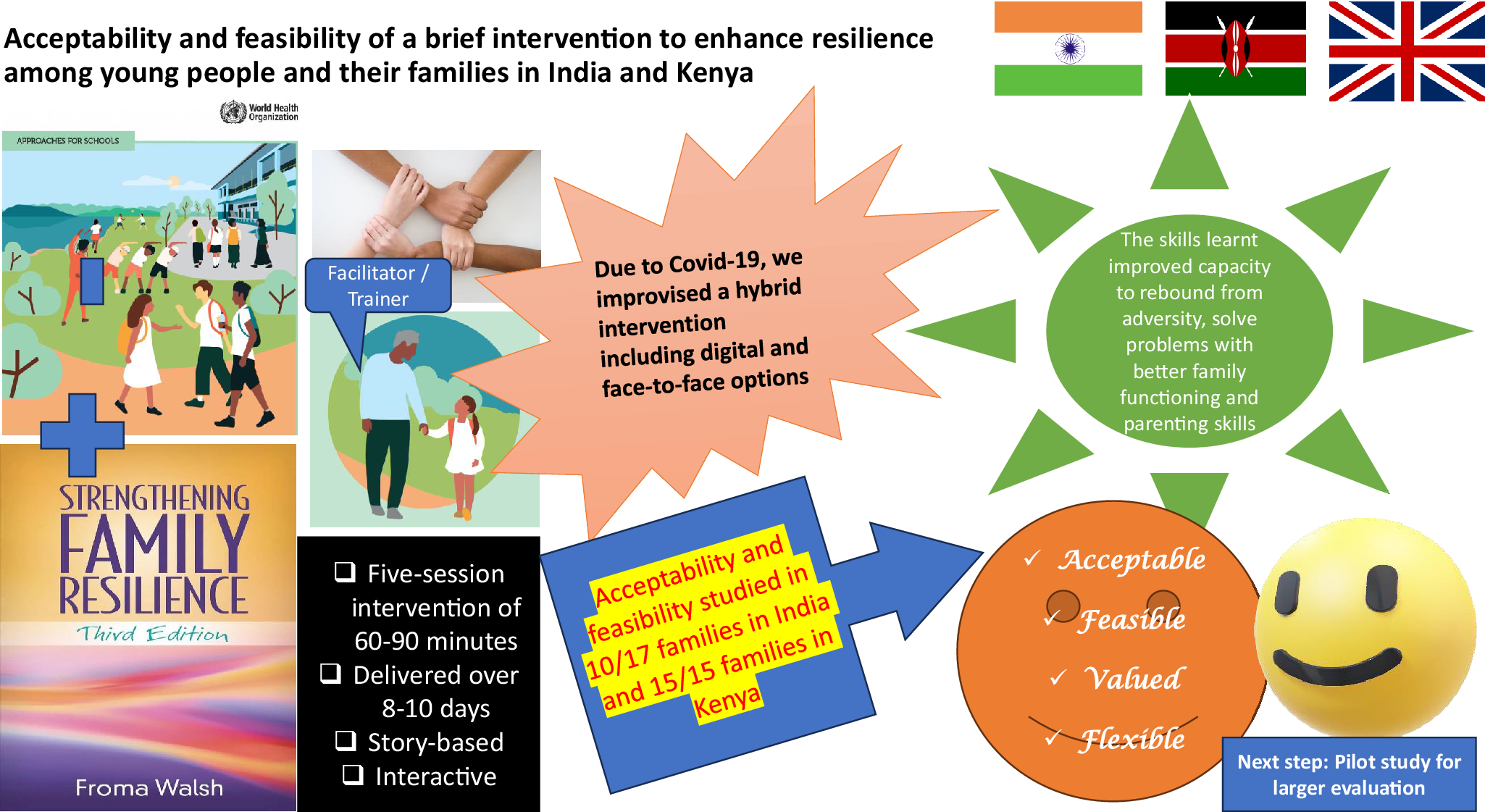 graphical abstract for Acceptability and feasibility of a brief intervention to enhance resilience among young people and their families in India and Kenya - open in full screen