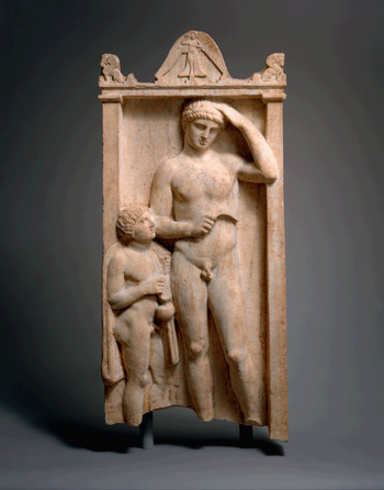 Marble stele (grave marker) with a youth and little girl, and a