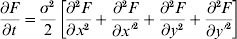 \eqalign {{{\partial F} \over {\partial t}} \equals \tab {{\sigma ^{\setnum{2}} } \over 2}\left[ {{{\partial ^{\setnum{2}} F} \over {\partial x^{\setnum{2}} }} \plus {{\partial ^{\setnum{2}} F} \over {\partial x \prime^{\setnum{2}} }} \plus {{\partial ^{\setnum{2}} F} \over {\partial y^{\setnum{2}} }} \plus {{\partial ^{\setnum{2}} F} \over {\partial y \prime^{\setnum{2}} }}} \right] \cr \tab \minus 2\mu F \plus {{\lpar 1 \minus F\rpar \delta \lpar x \minus x \prime\rpar \delta \lpar y \minus y \prime\rpar } \over {2\rho }}\comma }