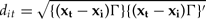 \begin{equation}
d_{it} = \sqrt {\{({\bf x}_{\bf t} - {\bf x}_{\bf i} ){\bf \Gamma}\} \{({\bf x}_{\bf t} - {\bf x}_{\bf i} ){\bf \Gamma}\} '}\end{equation}