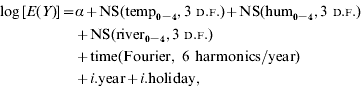 {\eqalign{\log \lsqb E\lpar Y\rpar \rsqb \equals \tab \alpha \plus {\rm NS\lpar temp}_{{\rm \setnum{0} \hbox{{\ndash}} \setnum{4}}} \comma 3 \ {\sc D}{\rm .}{\sc F}{\rm .\rpar \plus NS\lpar hum}_{{\rm \setnum{0} {\hbox{\ndash}} \setnum{4}}} \comma 3 \ {\sc D}{\rm .}{\sc F}{\rm .\rpar} \cr \tab \plus {\rm NS\lpar river}_{{\rm \setnum{0} {\hbox {\ndash}} \setnum{4}}} \comma {\rm 3 \ {\sc D}{\rm .} {\sc F}{\rm .\rpar}} \cr \tab {{\plus \rm time\lpar Fourier\comma \ 6\ harmonics\sol year\rpar}}\cr \tab \plus{ i .{\rm year \plus }i. {\rm holiday\comma }}}