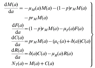 \left. \eqalign{ {{{\rm d}M\lpar a\rpar } \over {{\rm d}a}} \equals \tab \minus \mu _{M} \lpar a\rpar M\lpar a\rpar \minus \lpar 1 \minus p\rpar r_{M} M\lpar a\rpar \cr \tab\minus pr_{M} M\lpar a\rpar \cr {{{\rm d}F\lpar a\rpar } \over {{\rm d}a}} \tab \equals \lpar 1 \minus p\rpar r_{M} M\lpar a\rpar \minus \mu _{F} \lpar a\rpar F\lpar a\rpar \cr {{{\rm d}C\lpar a\rpar } \over {{\rm d}a}} \tab \equals pr_{M} M\lpar a\rpar \minus \lpar \mu _{C} \lpar a\rpar \plus \delta \lpar a\rpar \rpar C\lpar a\rpar \cr {{{\rm d}R\lpar a\rpar } \over {{\rm d}a}} \tab \equals \delta \lpar a\rpar C\lpar a\rpar \minus \mu _{R} \lpar a\rpar R\lpar a\rpar \cr N_{T} \lpar a\rpar \tab \equals M\lpar a\rpar \plus C\lpar a\rpar \cr} \hskip-3pt\right\}
