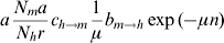 a{{N_{m} a} \over {N_{h} r}}c_{h \to m} {1 \over \mu }b_{m \to h} \exp \lpar \hskip-2\minus \mu n\rpar \hfill