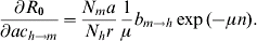 {{\partial R_{\setnum{0}} } \over {\partial ac_{h \to m} }} \equals {{N_{m} a} \over {N_{h} r}}{1 \over \mu }b_{m \to h} \exp \lpar \hskip-2\minus \mu n\rpar.\hfill
