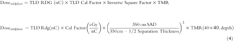 \eqalign{\amp {\rm Dose}_{\rm midplane} = {\rm TLD RDG (nC)} \times {\rm TLD Cal Factor} \times {\rm Invserse Square Factor} \times {\rm TMR} \amp {\rm Dose}_{\rm midplane}} = {\rm TLD Rdg (nC)} \times {\rm Cal Factor}({{{\rm cGy}} \over {{\rm{nC}}}}} ) \times ( {{{{\rm{350 cm SAD}}} \over {{\rm{350cm - 1/2 Separation Thickness}}}}} )^2 \times {\rm{TMR(40}} \times {40\rm{,depth)}}}}