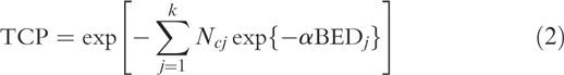 {\rm{TCP  =  exp}}[ { - \sum\limits_{j = 1}^k {N_{cj} } \exp \{  - \alpha {\rm{BED}}_j \} } ]\fleqno(2)