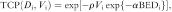 {\rm{TCP}}( {D_{\rm{i}} ,V_{\rm{i}} } ) = \exp [ { - \rho V_{\rm{i}} \exp \{ { - \alpha {\rm{BED}}_{\rm{i}} } \}} ] ,  