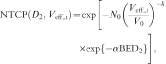 \eqalign{{\rm{NTCP}}( {D_2 ,V_{{\rm{eff}} {\rm{\_\_}}{\rm i}}} ) \amp= \exp [ { - N_0 ( {{{V_{{\rm{eff}} {\rm{\_\_}{\rm i}}} } \over {V_0 }}} )^{ - k} }.\amp \times{\exp \{ { - \alpha {\rm{BED}}_{\rm{2}} } \}} \Bigg]