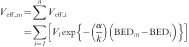 \eqalign{V_{\rm eff\_\_m}  \amp = \sum\limits^n V_{\rm eff\_\_i}  \amp=\sum\limits_{i=\it {1}} [ V_{\rm i} \exp \{ -( {\alpha \over k} )\Big( \rm {BED}_{\rm m} - {\rm BED}_{\rm i} \Big)\}]  } 
