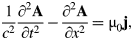 {1 \over c^2} {{\rm \partial}^2 {\bf A} \over {\rm \partial}t^2} - {{\rm \partial}^2 {\bf A} \over {\rm \partial}x^2} = {{\rm \mu}}_0 {\bf j}\comma \; \eqno\lpar 2\rpar