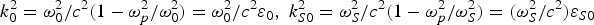 $k_0^2 = {{{\rm \omega} _0^2 } / {c^2 }}({1 - {{{\rm \omega} _p^2 } / {{\rm \omega} _0^2 }}} )= {{{\rm \omega} _0^2 } / {c^2 }}{\rm \varepsilon} _0\comma \; k_{S0}^2 = {{\rm \omega} _S^2 / c^2}(1 - {\rm \omega}_p^2 / {\rm \omega}_S^2) = ({\rm \omega}_S^2 / c^2){\rm \varepsilon}_{S0}$