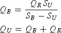 \eqalign{& Q_B = \displaystyle{{Q_R S_U } \over {S_B - S_U }} \cr & Q_U = Q_B + Q_R }