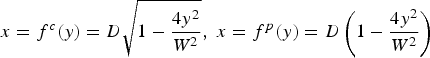 $x = f^{c} \lpar y\rpar = D \sqrt{1 - {4y^2\over W^2}}\comma \; x = f^p \lpar y\rpar = D \left(1 - {4y^2\over W^2} \right)$