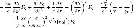 \eqalignno{&- {{2{\rm \omega} } \over c}{{{\rm \partial} S} \over {{\rm \partial} z^/ }}F_0+{{{\rm \partial}^2 F_0 } \over {{\rm \partial} r^2 }}+{1 \over r}{{{\rm \partial} F} \over {{\rm \partial} r}} - \left({{{{\rm \partial} S} \over {{\rm \partial} r}}} \right)^2 F_0={{{\rm \omega} _p^2 } \over {c^2 }}\left({{1 \over {\rm \gamma}} - {1 \over {{\rm \gamma}_0 }}} \right)\cr &\qquad +{1 \over {\rm \gamma}}{{{\rm \omega}_0 } \over {\rm \omega}}\left({{e \over {m{\rm \omega} c}}} \right)^2 {\rm \nabla}^2 \lpar \left\vert {F_0 } \right\vert^2 \rpar F_0}