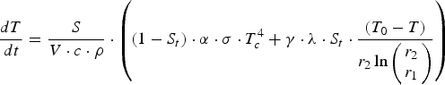 {dT \over dt} = {S \over V \cdot c \cdot {\rm \rho}} \cdot \left(\lpar 1 - S_t\rpar \cdot {\rm \alpha} \cdot {\rm \sigma} \cdot T_{c}^{4} + {\rm \gamma} \cdot {\rm \lambda} \cdot S_{t} \cdot {\lpar T_0 - T\rpar \over r_2 \ln \left(\matrix{r_2\cr r_1\cr}\right)}\right)