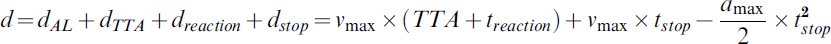 { d \equals d_{AL} \plus d_{TTA} \plus d_{reaction} \plus d_{stop} \equals v_{\rm max } \times \left( {TTA \plus t_{reaction} } \right) \plus v_{\max } \times t_{stop} \minus {{a_{\rm max } } \over 2} \times t_{stop}^{\setnum{2}} } \hfill