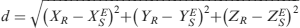 $$d = \sqrt {\left( {X_R - X_S^E} \right)^2 + \left( {Y_R - Y_S^E} \right)^2 + \left( {Z_R - Z_S^E} \right)^2} $$