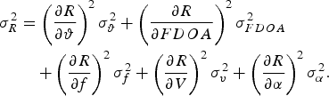 \eqalign{\sigma_R^2 &= \left({\partial R \over \partial \vartheta} \right)^2 \sigma_{\vartheta}^2 + \left({\partial R \over \partial FDOA} \right)^2 \sigma_{FDOA}^2 \cr &\quad + \left({\partial R \over \partial f} \right)^2 \sigma_f^2 + \left({\partial R \over \partial V} \right)^2 \sigma_v^2 + \left({\partial R \over \partial \alpha} \right)^2 \sigma_{\alpha}^2.} \eqno\lpar 8\rpar