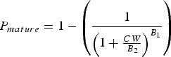 P_{mature}=1 - \left({1 \over {\left({1+{{CW} \over {B_2 }}} \right)^{B_1 } }} \right)
