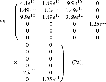 \eqalign {c_E &= \left(\matrix{4.1e^{11} &1.49e^{11} &9.9e^{10} &0 \cr 1.49e^{11} &4.1e^{11} &1.49e^{11} &0 \cr 9.9e^{10} &1.49e^{11} &3.89e^{11} &0 \cr 0 &0 &0 &1.25e^{11} \cr 0 &0 &0 &0 \cr 0 &0 &0 &0} \right. \cr &\left. \quad \times \matrix{0 &0 \cr 0 &0 \cr 0 &0 \cr 0 &0 \cr 1.25e^{11} &0 \cr 0 &1.25e^{11}} \right)\quad \lpar {\rm Pa\rpar \comma \; }} \eqno\lpar 4\rpar