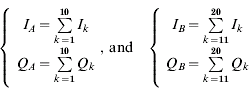\left\{ {\matrix{ {\matrix{ {I_{A} \equals \sum\limits_{k \equals \setnum{1}}^{\setnum{10}} {I_{k} } } \cr {Q_{A} \equals \sum\limits_{k \equals \setnum{1}}^{\setnum{10}} {Q_{k} } } \cr} } \cr {} \cr} } \right.\comma \,{\rm and}\quad \left\{ {\matrix{ {\matrix{ {I_{B} \equals \sum\limits_{k \equals \setnum{11}}^{\setnum{20}} {I_{k} } } \cr {Q_{B} \equals \sum\limits_{k \equals \setnum{11}}^{\setnum{20}} {Q_{k} } } \cr} } \cr {} \cr} } \right.