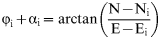 \rmphiv _{\rm i} \plus \rmalpha _{\rm i} \equals \arctan \left ( {{{\rm N \minus \rm N_{\rm i} } \over {\rm E \minus \rm E_{\rm i} }}} \right )