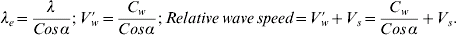 \lambda _{e} \equals {\lambda \over {Cos {\kern 1pt}\alpha }}\semi \, V\prime\hskip -2pt_{w}  \equals {{C_{w} } \over {Cos {\kern 1pt} \alpha }}\semi \, Relative\,wave\,speed \equals V\prime\hskip -2pt_{w} \plus V_{s} \equals {{C_{w} } \over {Cos {\kern 1pt}\alpha }} \plus V_{s}.