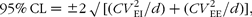95\%\,CL = \pm 2\,\surd \,[( CV _{EI}^{2}/ d ) + ( CV _{EE}^{2}/ d )],