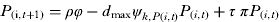 $$P_{{\rm{(i,}}t + 1)} ={\rho} {\phi} - d_{{\rm{max}}} {\rm{}} \psi _{k{\rm{,}} P{\rm{ (}}i{\rm{,}}t{\rm{)}}} P_{{\rm{(}}i{\rm{,}}t{\rm{)}}} + {\tau}\ {\pi} P_{{\rm{(}}i{\rm{,}}t{\rm{)}}} $$