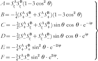 \left. \openup2\eqalign{\tab A \equals S_{z}^{\rm A} S_{z}^{\rm B} \lpar 1 \minus 3\cos ^{\setnum{2}} {\hskip1} \theta \rpar \cr \tab B \equals \minus {\textstyle{1 \over 4}} \lpar S_{ \plus }^{\rm A} S_{ \minus }^{\rm B} \plus S_{ \minus }^{\rm A} S_{ \plus }^{\rm B} \rpar \lpar 1 \minus 3\cos ^{\setnum{2}} {\hskip1} \theta \rpar \cr \tab C \equals \minus {\textstyle{3 \over 2}} \lpar S_{ \plus }^{\rm A} S_{z}^{\rm B} \plus S_{z}^{\rm A} S_{ \plus }^{\rm B} \rpar \sin \theta \, \cos {\hskip1}\theta \cdot {\rm e}^{ \minus i\varphi } \cr \tab D \equals \minus {\textstyle{3 \over 2}} \lpar S_{ \minus }^{\rm A} S_{z}^{\rm B} \plus S_{z}^{\rm A} S_{ \minus }^{\rm B} \rpar \sin \theta \, \cos {\hskip1}\theta \cdot {\rm e}^{i\varphi } \cr \tab E \equals \minus {\textstyle{3 \over 4}} S_{ \plus }^{\rm A} S_{ \plus }^{\rm B} \sin ^{\setnum{2}} {\hskip1} \theta \cdot {\rm e}^{ \minus \setnum{2}i\varphi } \cr \tab F \equals \minus {\textstyle{3 \over 4}} S_{ \minus }^{\rm A} S_{ \minus }^{\rm B} \sin ^{\setnum{2}} {\hskip1} \theta \cdot {\rm e}^{\setnum{2}i\varphi }.}}}}}} \right\} \cr}