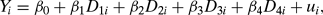 \begin{equation}
\label{eq4}
Y_i = \beta _0 + \beta _1 D_{1i} + \beta _2 D_{2i} + \beta _3 D_{3i} + \beta _4 D_{4i} + u_i ,
\end{equation}