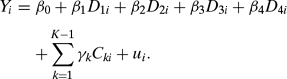 \begin{eqnarray}
\label{eq5}
Y_i &=& \beta _0 + \beta _1 D_{1i} + \beta _2 D_{2i} + \beta _3 D_{3i} + \beta_4 D_{4i}\nonumber\\
&&+ \sum\limits_{k=1}^{K - 1} {\gamma_k C_{ki} } + u_i .
\end{eqnarray}