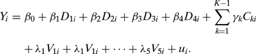 \begin{eqnarray}
\label{eq6}
Y_i &=& \beta _0 + \beta _1 D_{1i} + \beta _2 D_{2i} + \beta _3 D_{3i} + \beta_4 D_{4i} + \sum\limits_{k = 1}^{K - 1} {\gamma_k C_{ki} }\nonumber\\
&& +\, \lambda _1 V_{1i} + \lambda_1 V_{1i} + \cdots + \lambda _5 V_{5i} + u_i .
\end{eqnarray}