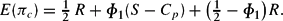\begin{equation*}
{ E}(\pi_{ c}) = {\textstyle\frac{1}{2}}\,{ R} + \rp _1 ({ S} - { C}_{ p} ) + \big({\textstyle\frac{1}{2}} - \rp_1 \big){ R}.
\end{equation*}