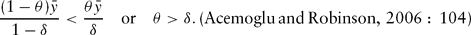\begin{equation}
\frac{(1 - \theta)\bar{y}}{1-\delta} \textless \frac{{\theta \bar{y}}}{\delta}\quad {\rm or}\quad \theta \textgreater \delta .\, ({\rm Acemoglu}\,{\rm and}\,{\rm Robinson},\,2006:\,104)\end{equation}