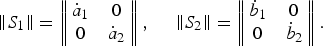 \left\Vert {S_1 } \right\Vert =\left\Vert {\matrix{ {\dot a_1 } & 0 \cr 0 & {\dot a_2 } \cr } } \right\Vert \comma \; \quad \left\Vert {S_2 } \right\Vert =\left\Vert {\matrix{ {\dot b_1 } & 0 \cr 0 & {\dot b_2 } \cr } } \right\Vert .\eqno\lpar 4\rpar
