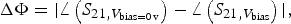 \Delta \Phi = \vert \angle \left({S_{21\comma V_{{\rm bias}=0\, {\rm v}} } } \right)- \angle \left({S_{21\comma V_{{\rm bias}}}} \right)\vert \comma \; \eqno\lpar 3\rpar